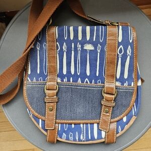 Blue and Brown Crossbody Bag with Utensil Print